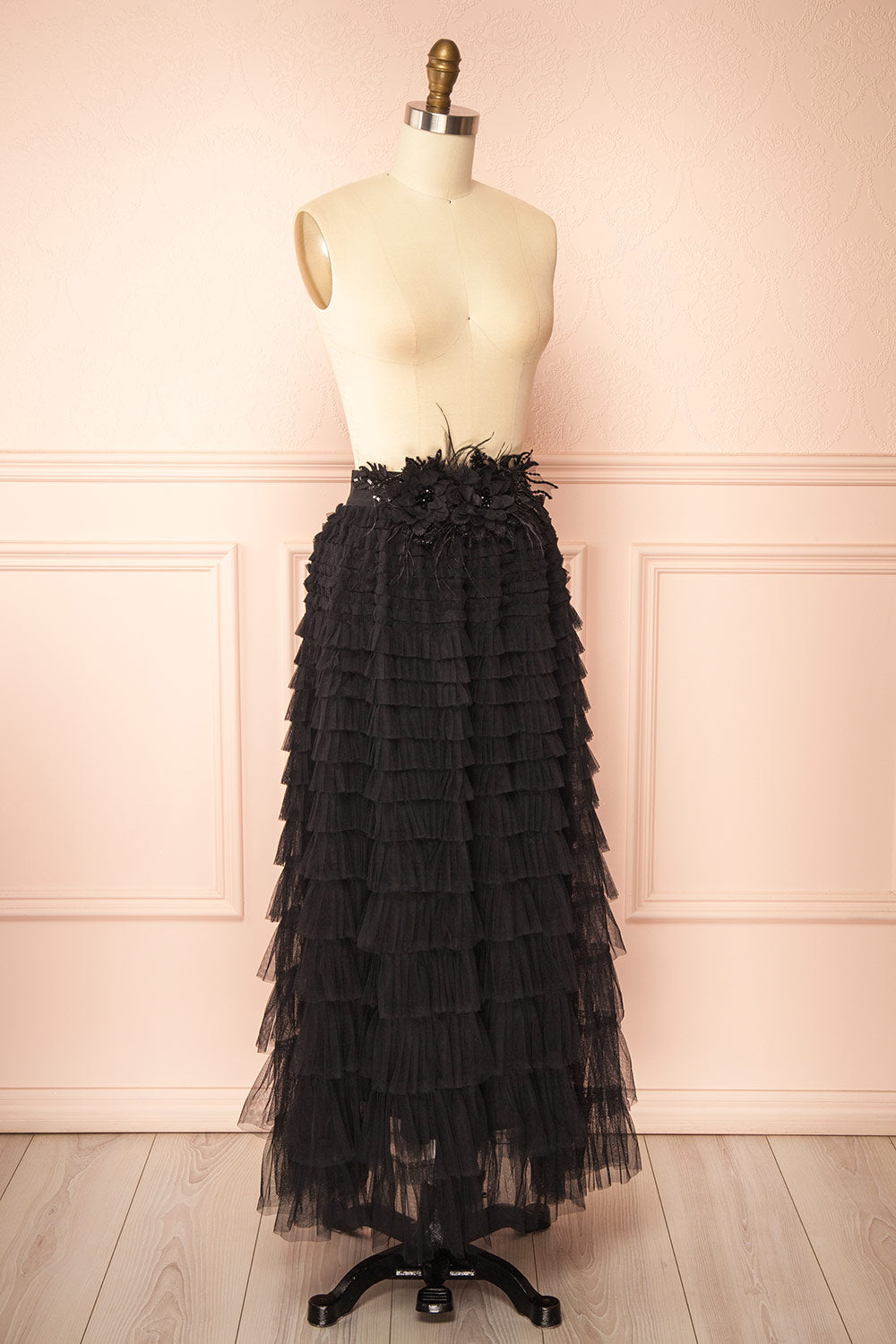Christabel Black Ruffled Maxi Skirt with 3D Flowers | Boutique 1861 side view