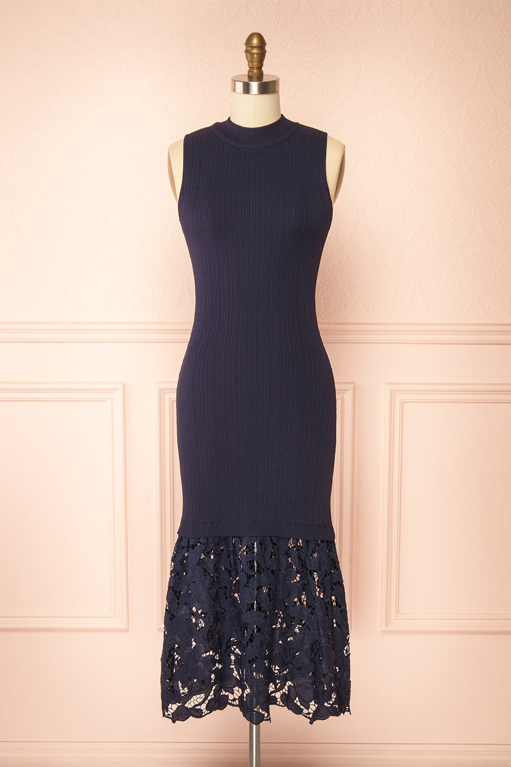 front view of sewing mannequin wearing Christie Sleeveless Navy Midi Dress with Lace from Boutique 1861