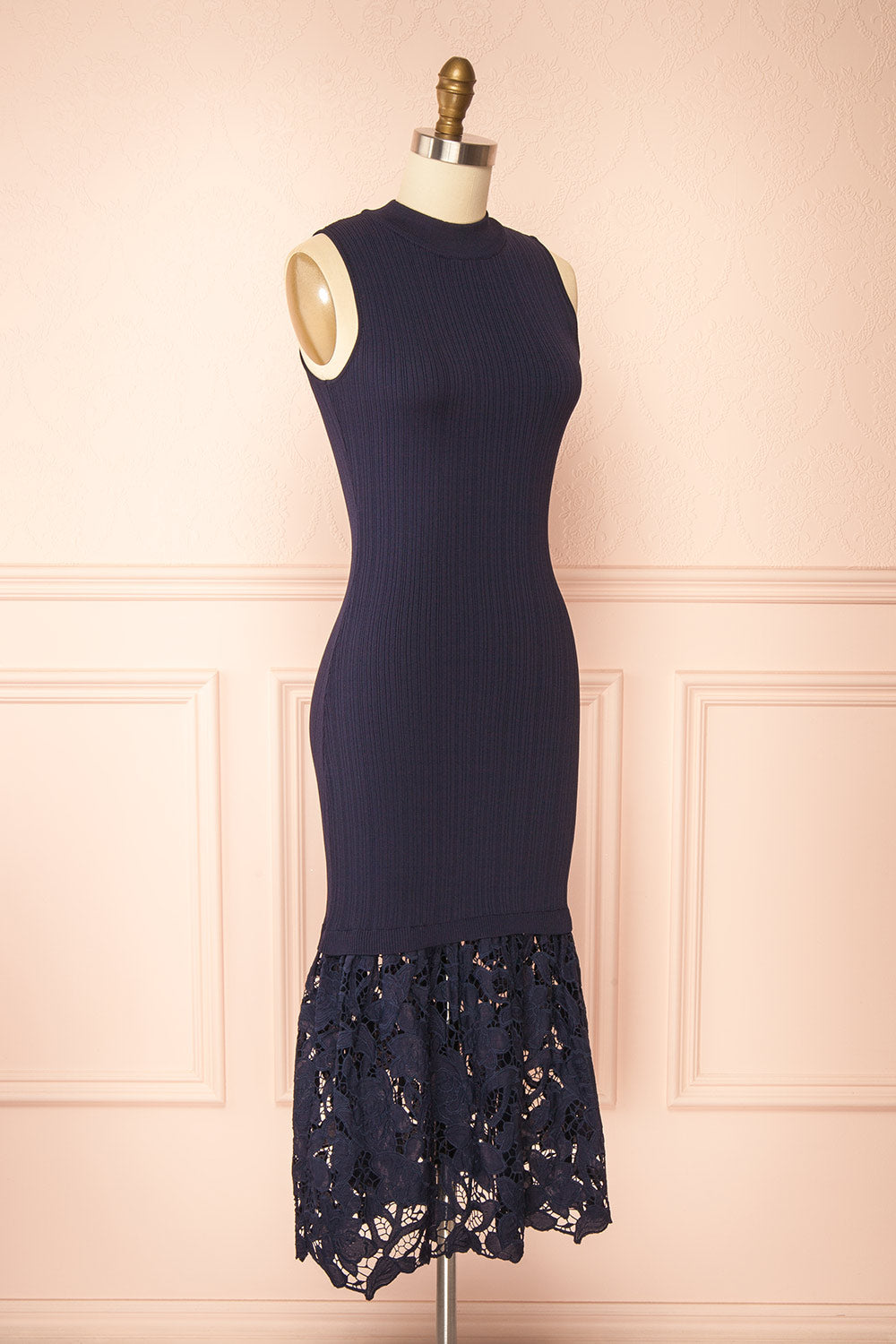 side view of sewing mannequin wearing Christie Sleeveless Navy Midi Dress with Lace from Boutique 1861