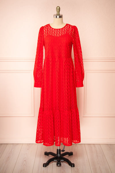Christina Red Lace Midi Dress w/ Long Sleeves | Boutique 1861 front view