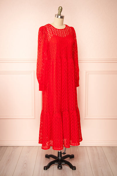 Christina Red Lace Midi Dress w/ Long Sleeves | Boutique 1861 side view