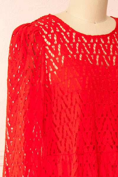 Christina Red Lace Midi Dress w/ Long Sleeves | Boutique 1861 side close-up