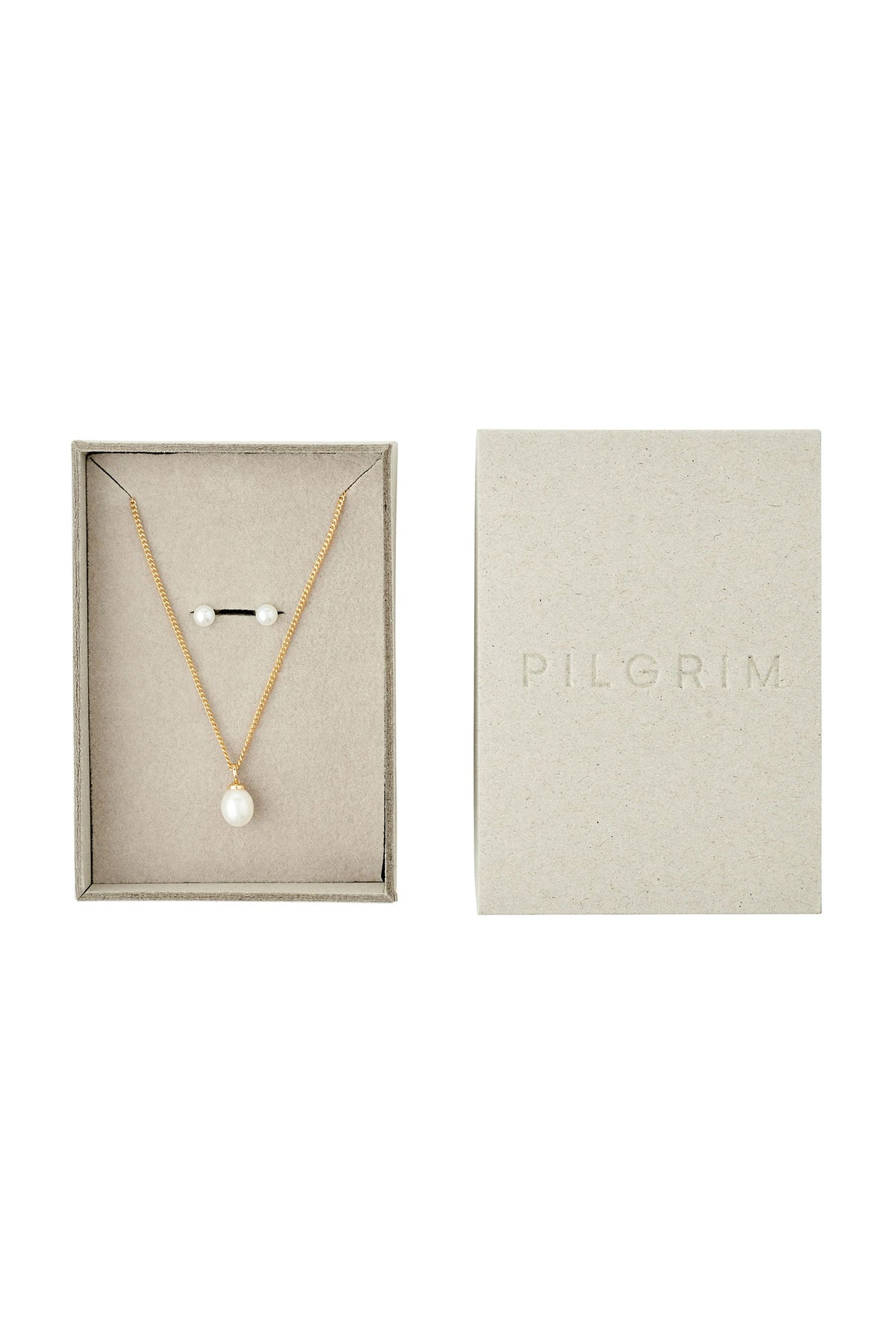 box view of Cidia Gold Pearl Necklace and Earrings Set by Pilgrim from La petite garçonne