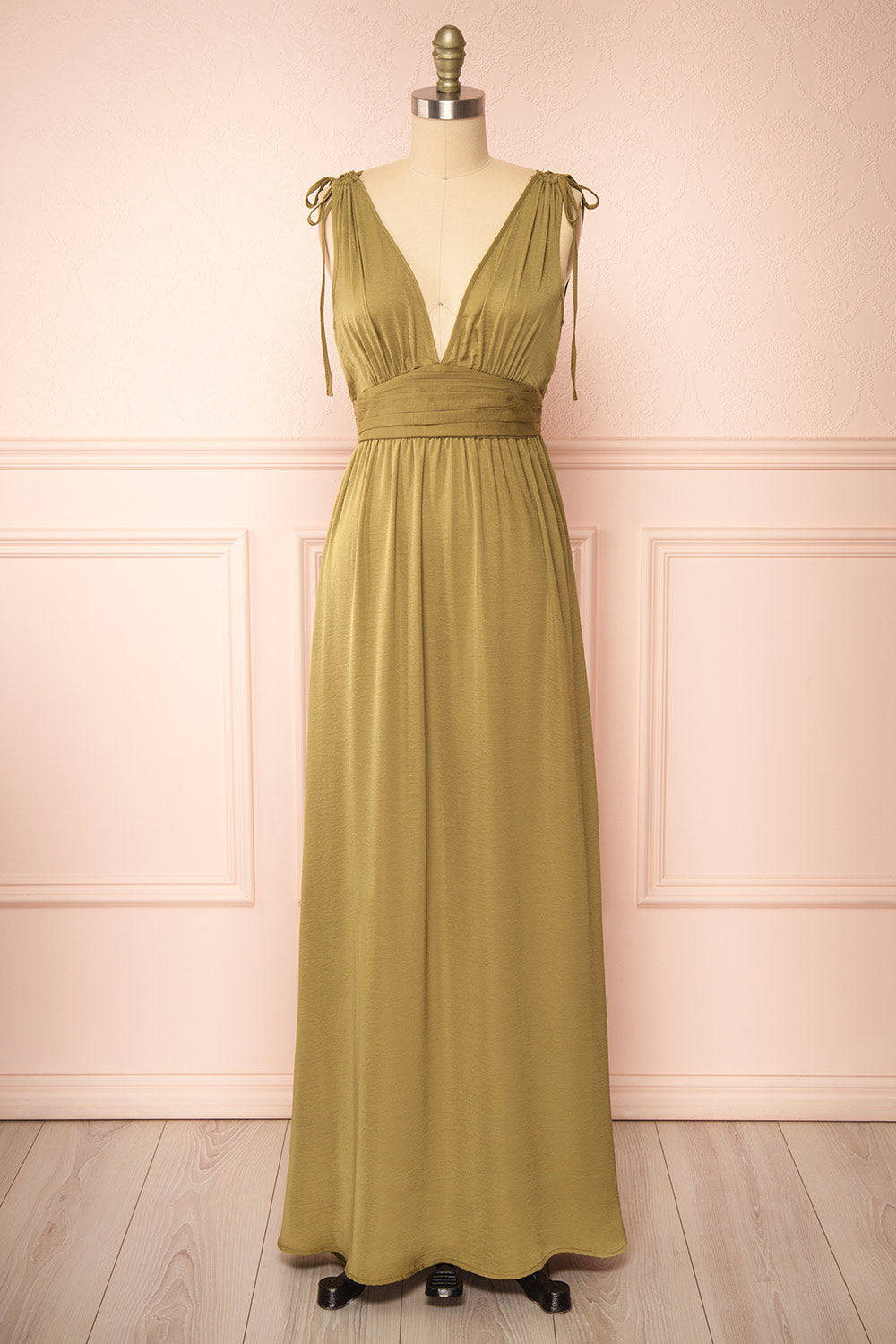 Cidra Khaki Maxi Dress w/ V-neck | Boutique 1861 front view