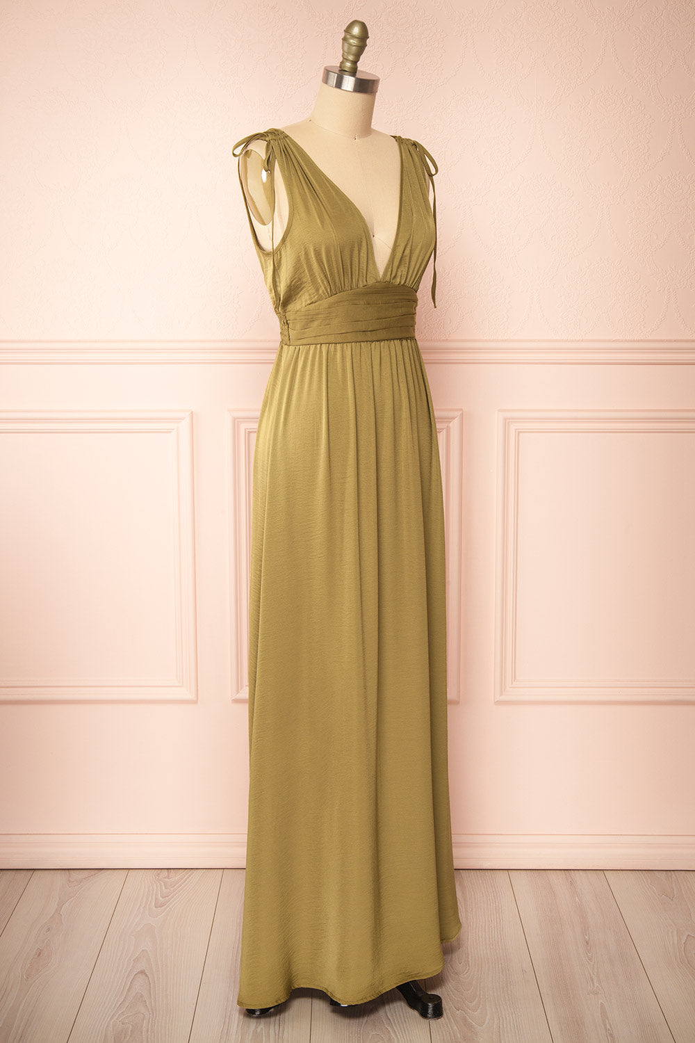 Cidra Khaki Maxi Dress w/ V-neck | Boutique 1861  side view