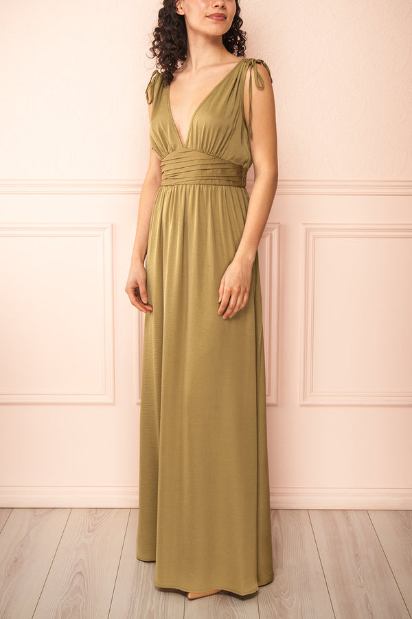 Cidra | Khaki Maxi Dress w/ V-Neck Cidra | Khaki Maxi Dress w/ V-Neck