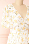 Cillian Yellow Floral Midi Dress w/ Fabric Belt | Boutique 1861 side close-up