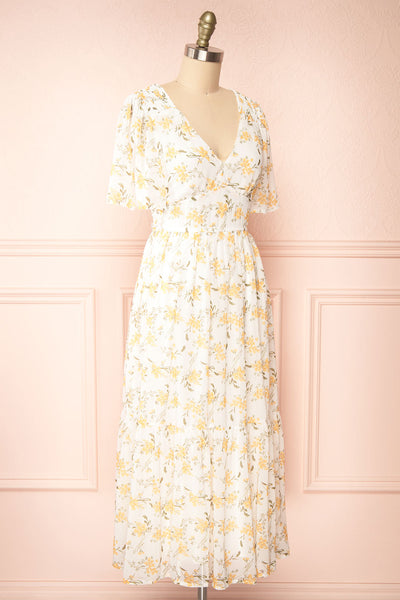 Cillian Yellow Floral Midi Dress w/ Fabric Belt | Boutique 1861 side view