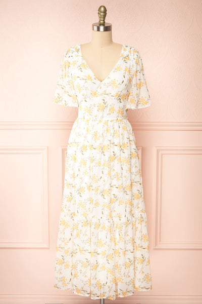 Cillian Yellow Floral Midi Dress w/ Fabric Belt | Boutique 1861 front view