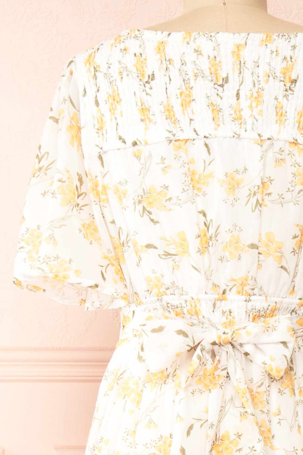 Cillian Yellow Floral Midi Dress w/ Fabric Belt | Boutique 1861 back close-up