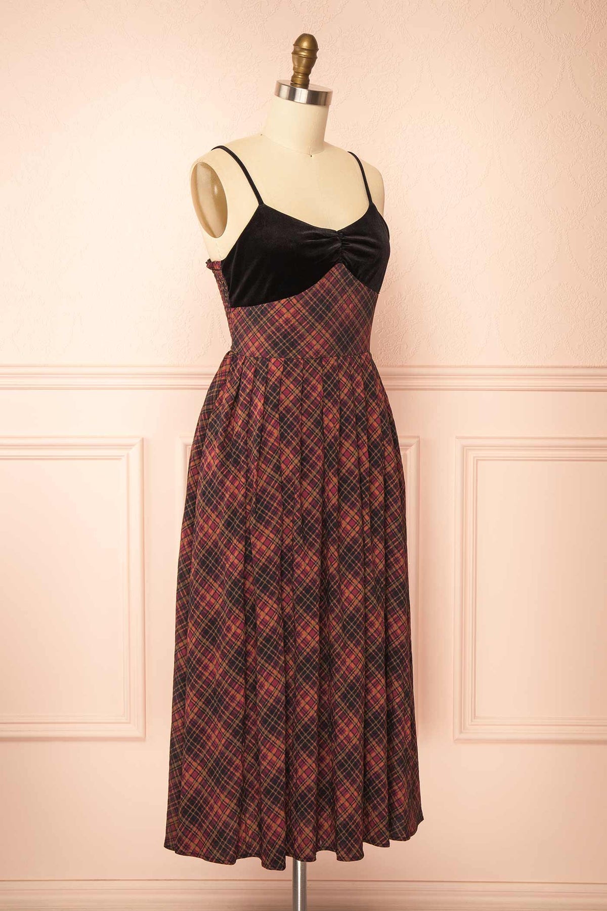 side view of Cirice Plaid Midi Dress with Velvet and Pockets at Boutique 1861