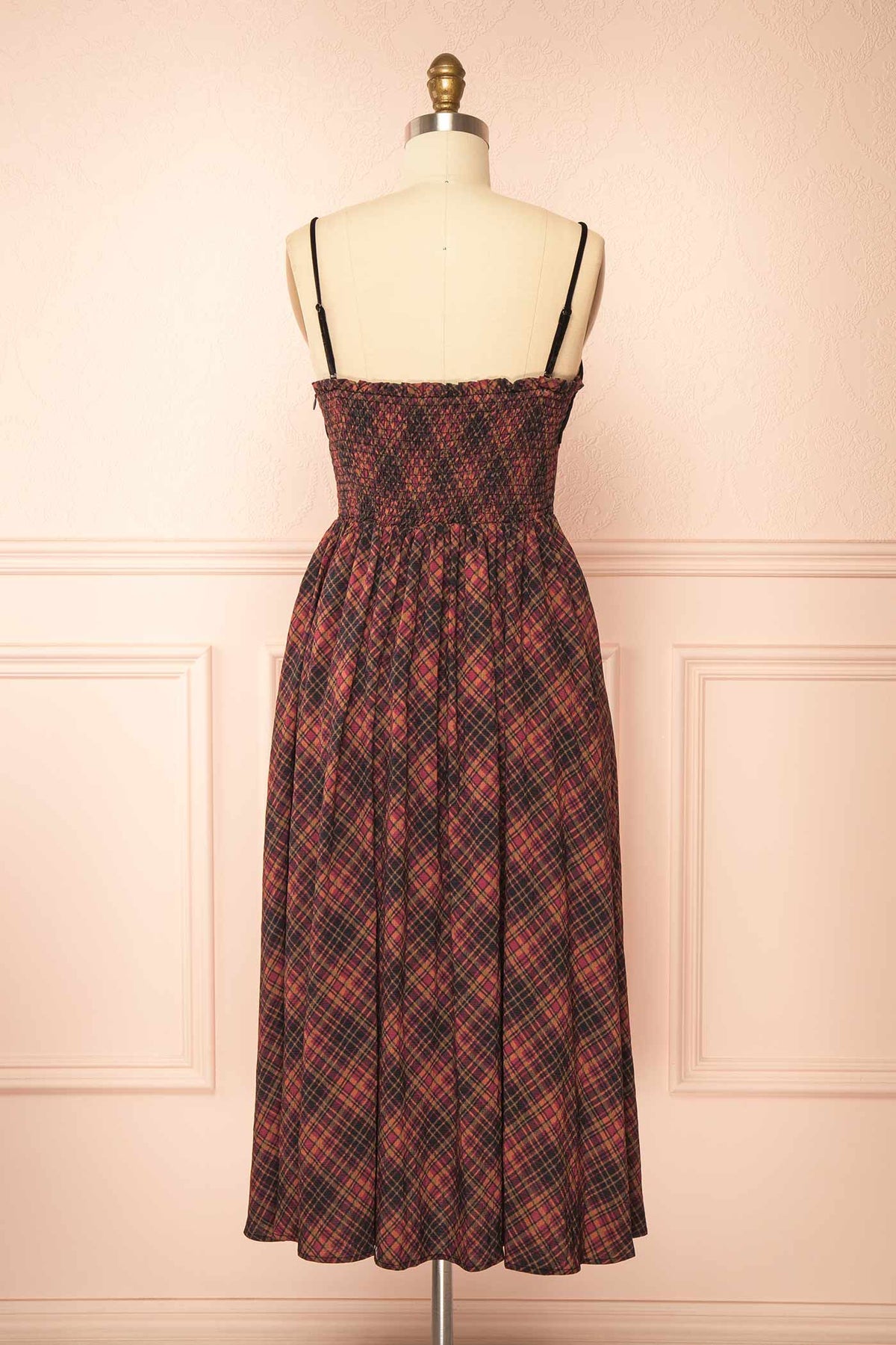 back view of Cirice Plaid Midi Dress with Velvet and Pockets at Boutique 1861