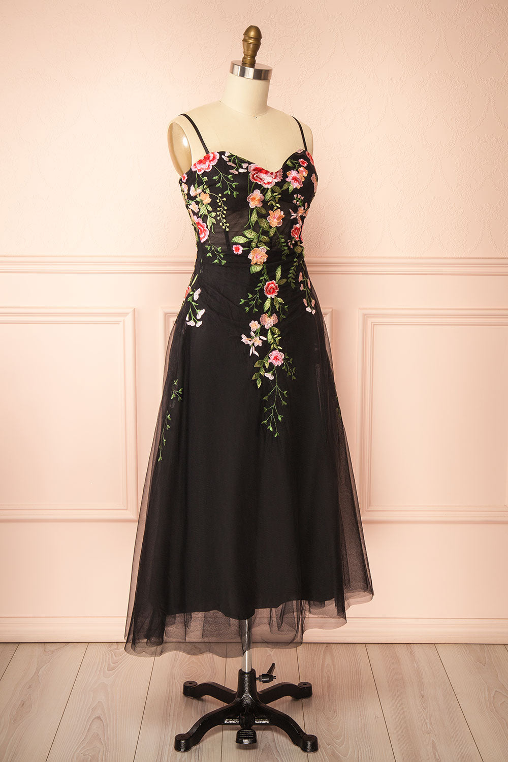 Claree Black Corset Tulle Midi Dress with Floral Embroidery | Boutique 1861 side view