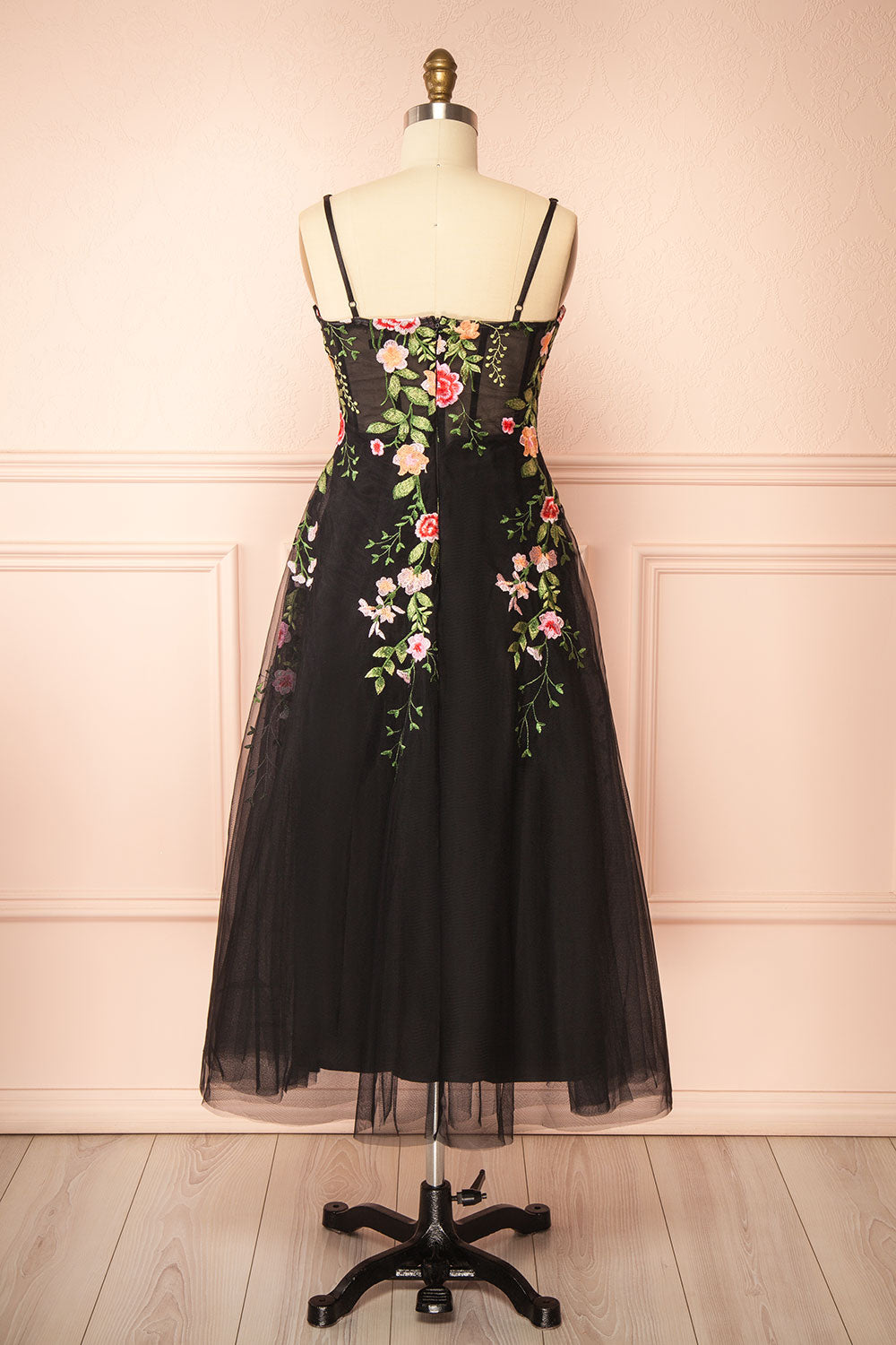Claree Black Corset Tulle Midi Dress with Floral Embroidery | Boutique 1861 back view