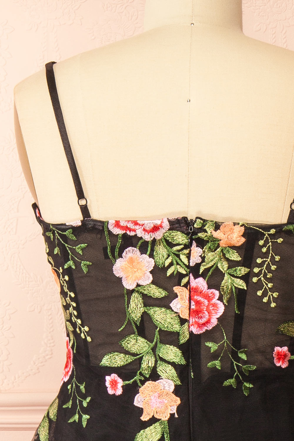 Claree Black Corset Tulle Midi Dress with Floral Embroidery | Boutique 1861 back