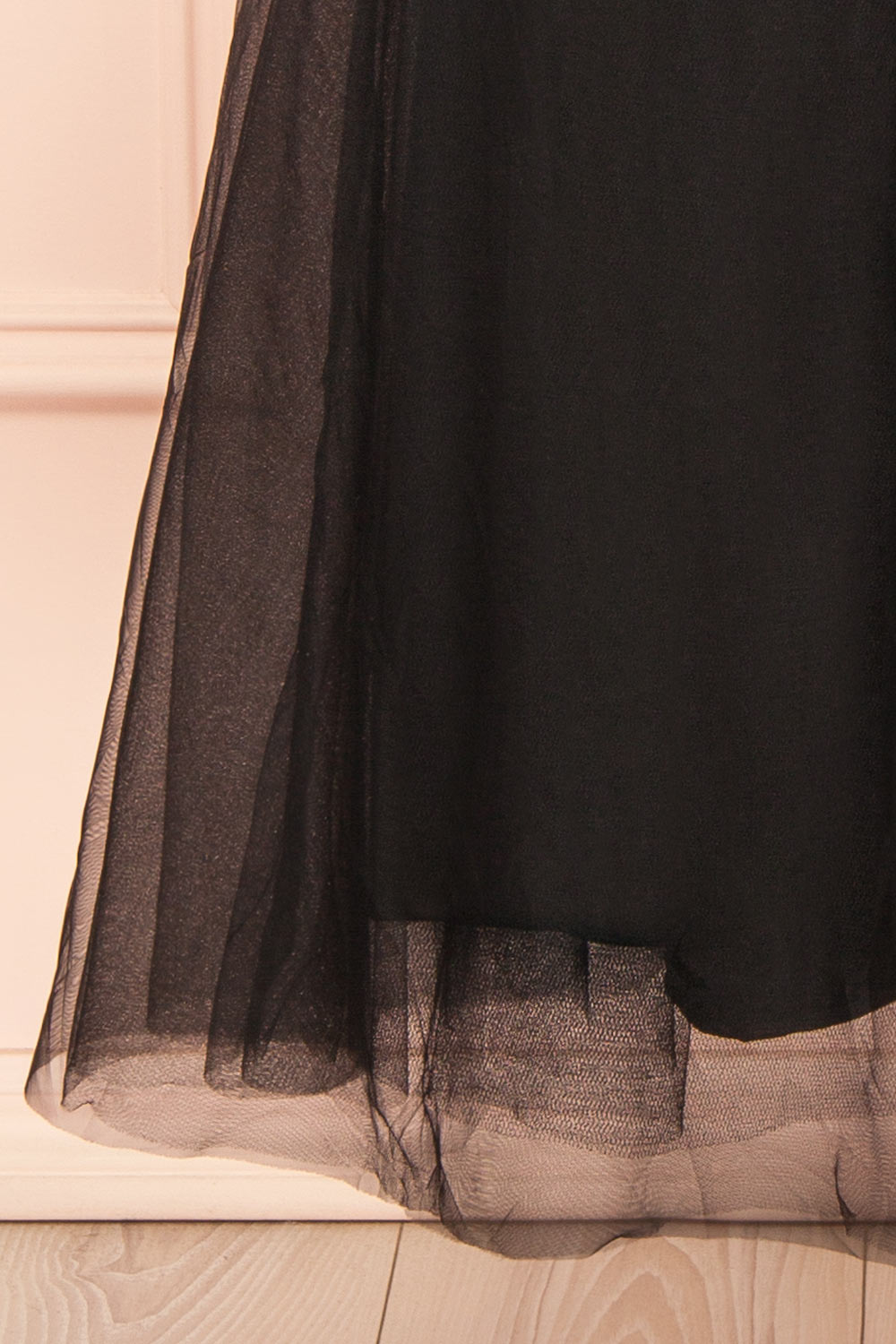 Claree Black Corset Tulle Midi Dress with Floral Embroidery | Boutique 1861 bottom