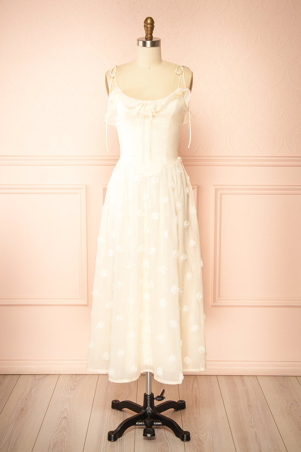 Claribel Cream Midi Dress with Floral-Embellishment | Boutique 1861 front view