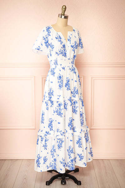Claudia White Maxi Dress w/ Blue Floral Pattern | Boutique 1861 side view