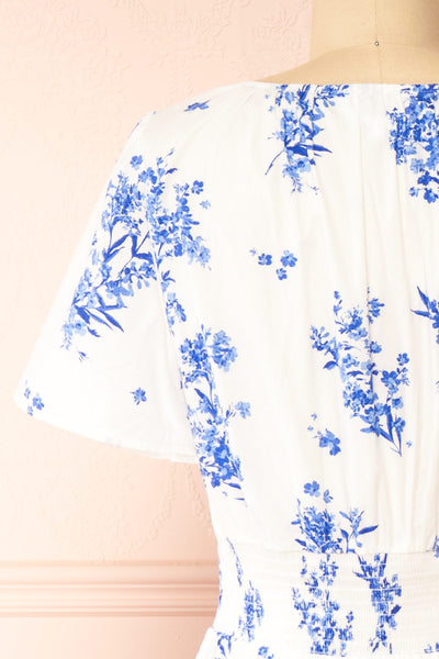 Claudia White Maxi Dress w/ Blue Floral Pattern | Boutique 1861 back