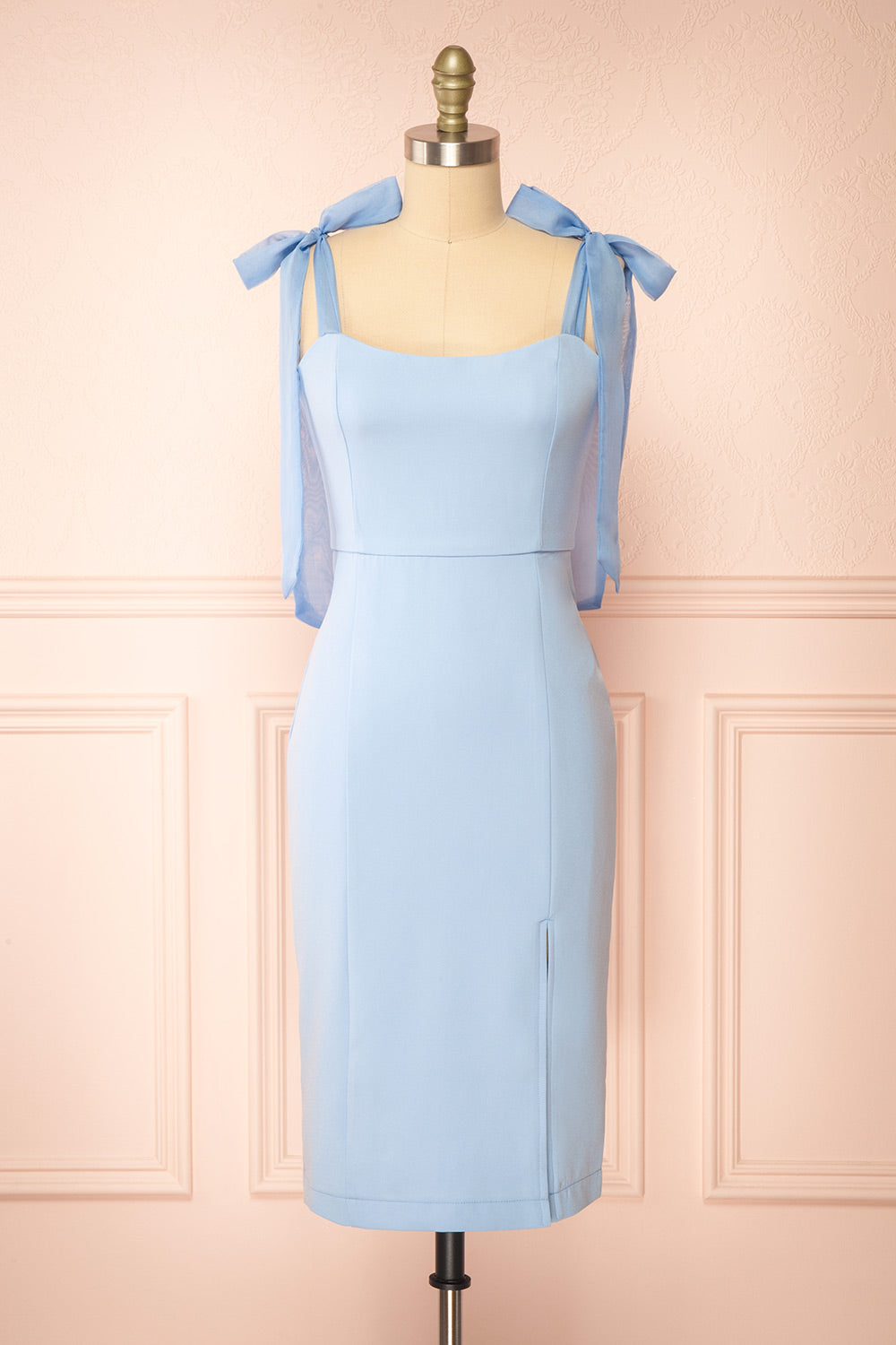 Claudy Short Blue Dress w/ Bow Straps | Boutique 1861 front view