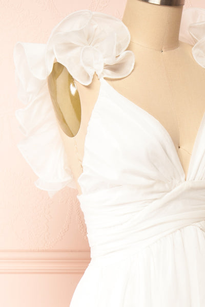 Clemence Long White Dress w/ Ruffled Straps | Boudoir 1861 side close-up