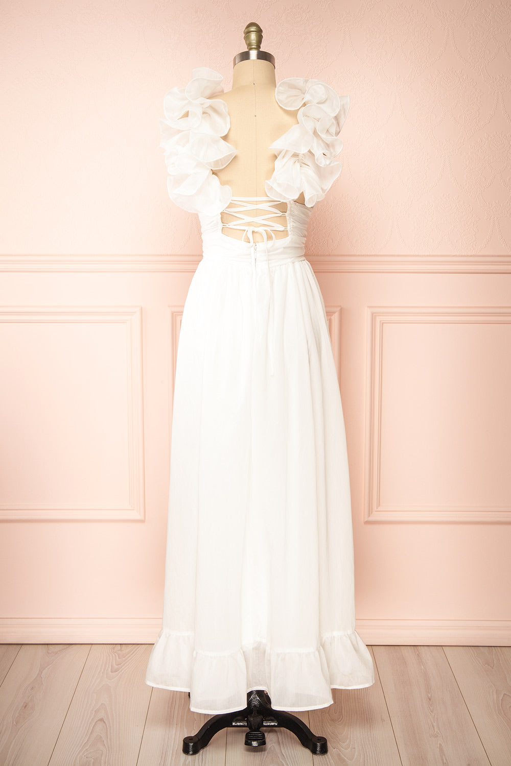 Clemence Long White Dress w/ Ruffled Straps | Boudoir 1861 back view