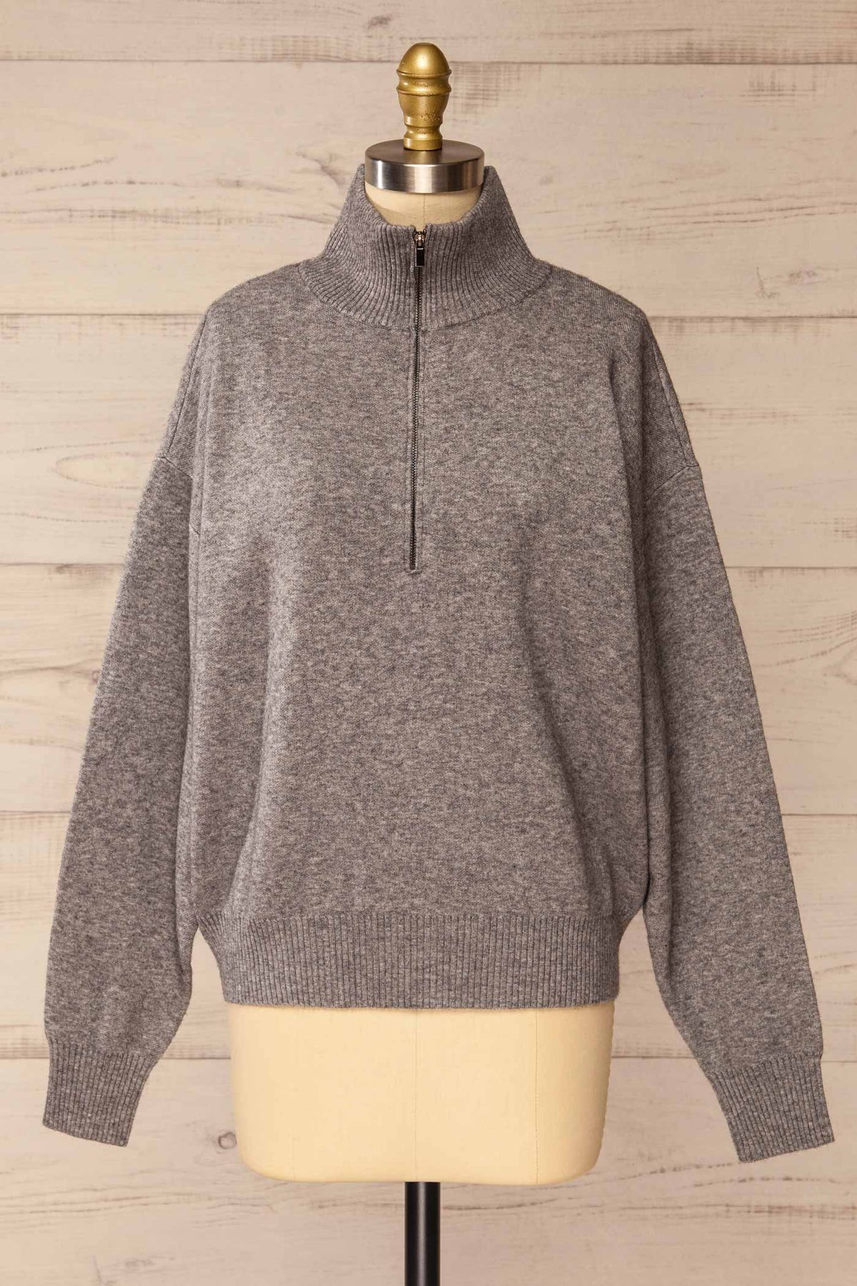 front view of Coari Grey Quarter-Zip Knit Sweater at La petite garçonne