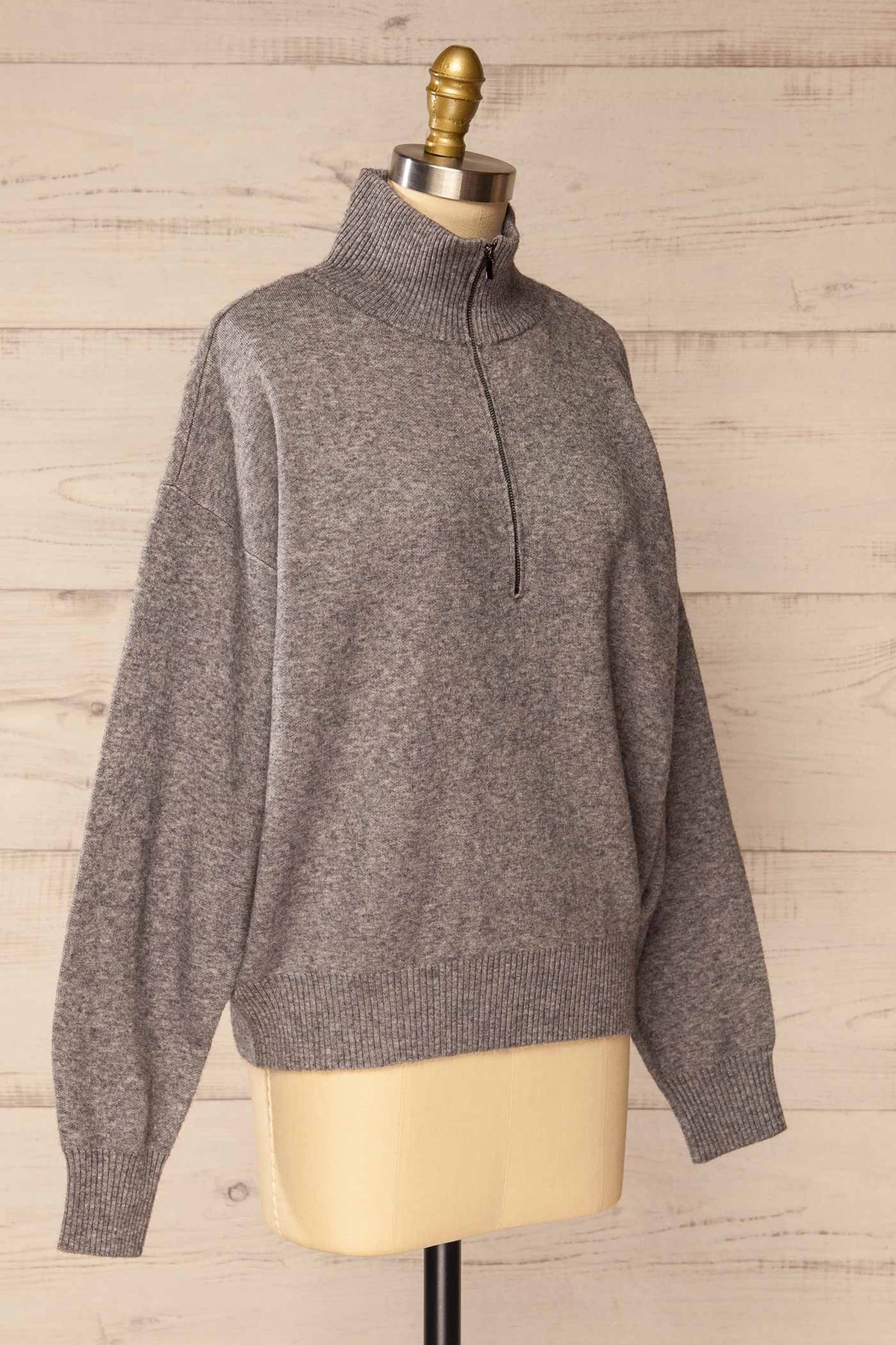 side view of Coari Grey Quarter-Zip Knit Sweater at La petite garçonne