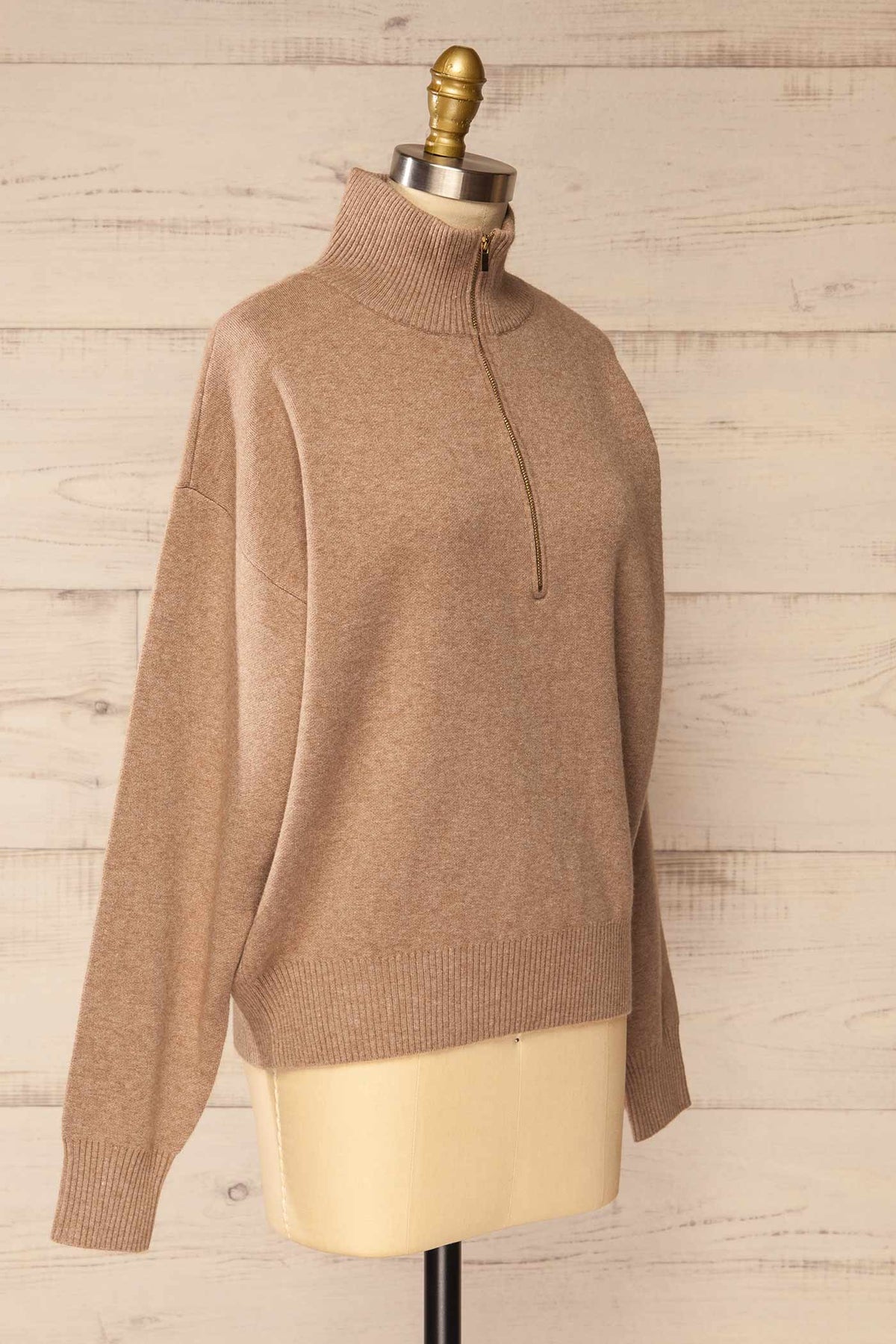 side view of Coari Taupe Quarter-Zip Knit Sweater at La petite garçonne