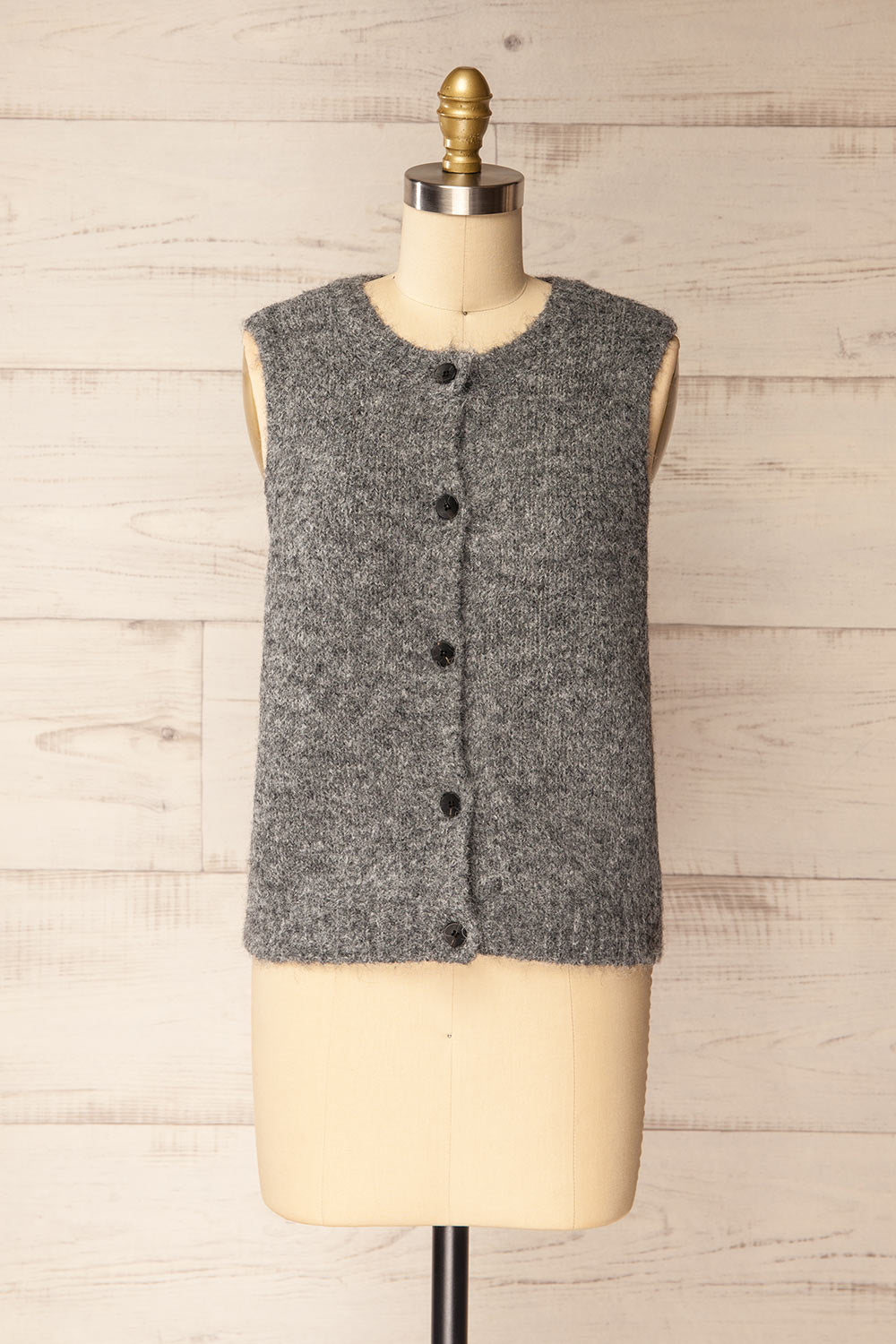 Cobar Grey Fluffy Knitted Button-Up Vest | La petite garçonne front view