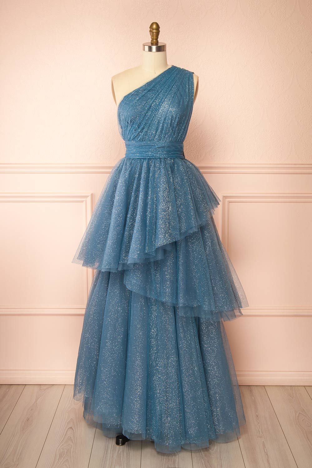 Cody Blue Grey Maxi One Shoulder Dress with Glitters | Boutique 1861 front view 