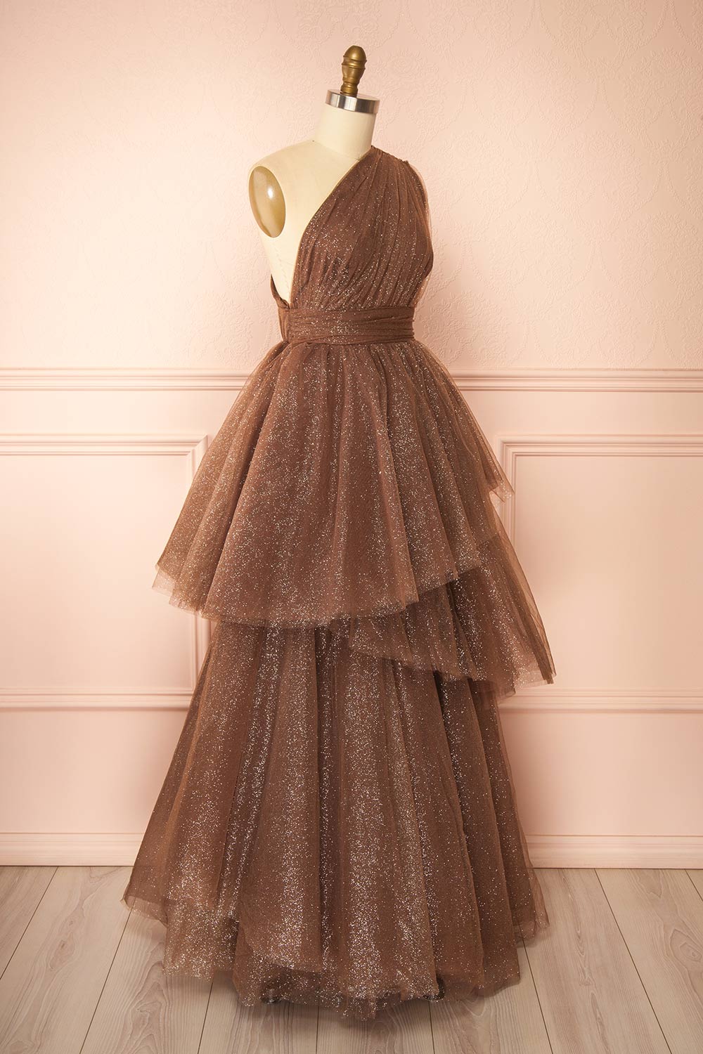 Cody Brown Maxi One Shoulder Dress with Glitters | Boutique 1861 side view