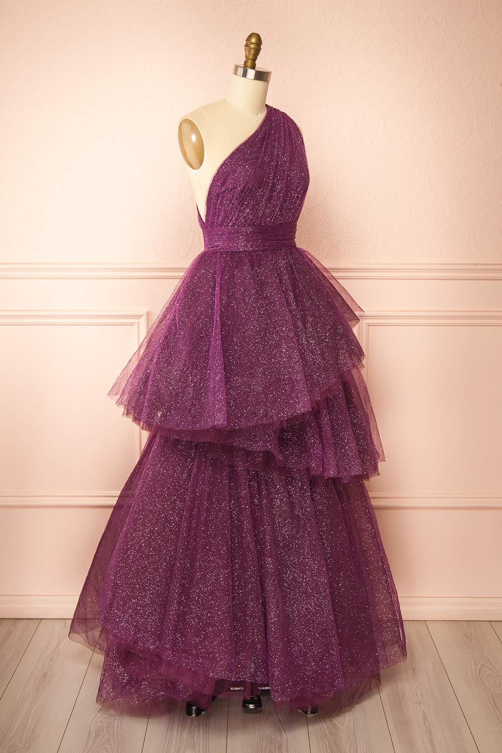 Cody Purple Maxi One Shoulder Dress with Glitters | Boutique 1861 side view