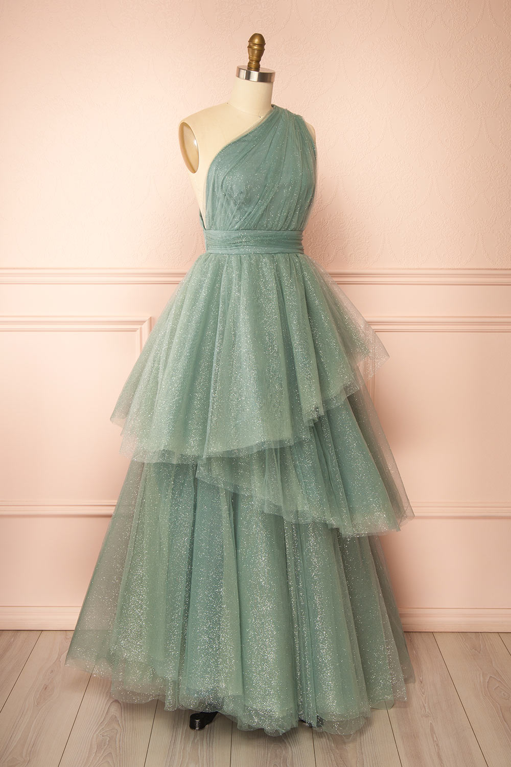 Cody Teal Maxi One Shoulder Dress with Glitters | Boutique 1861 side view