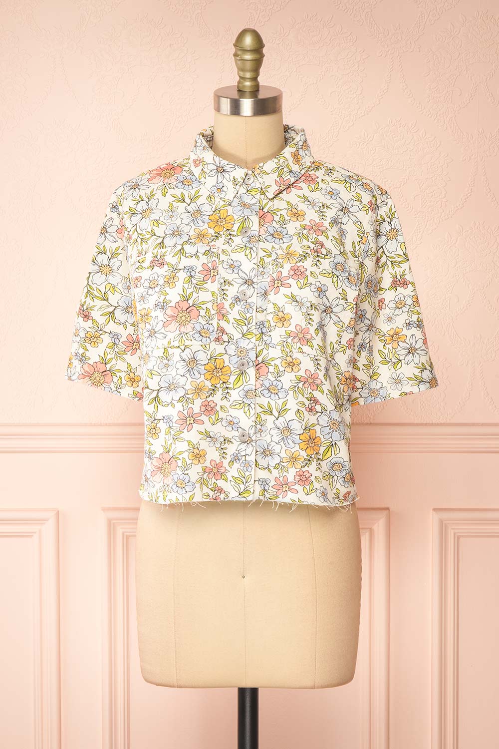 Connie Floral Denim Short-Sleeved Shirt | Boutique 1861 front view