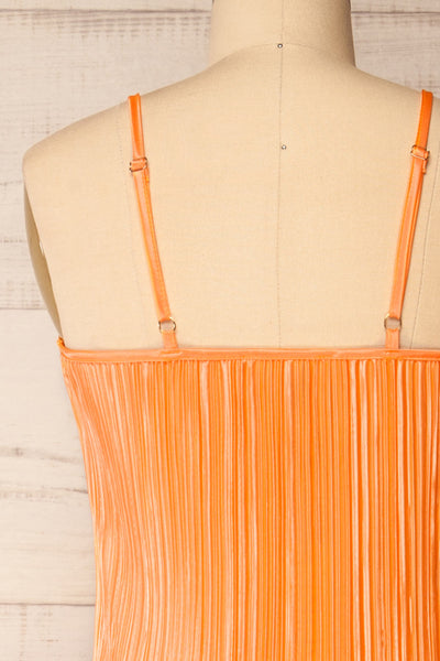 Cordoba Orange Pleated Midi Dress | La petite garçonne back close-up