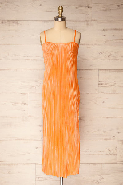 Cordoba Orange Pleated Midi Dress | La petite garçonne front view
