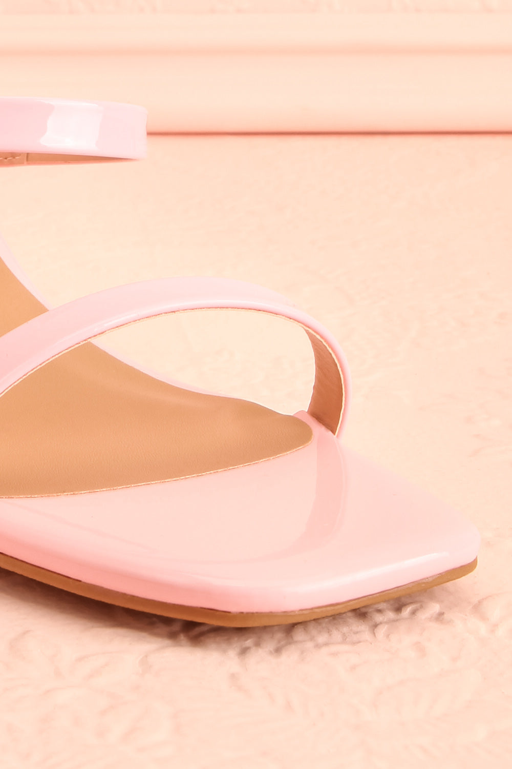 Corecta Glossy Pink Heeled Sandals | Boutique 1861 front close-up