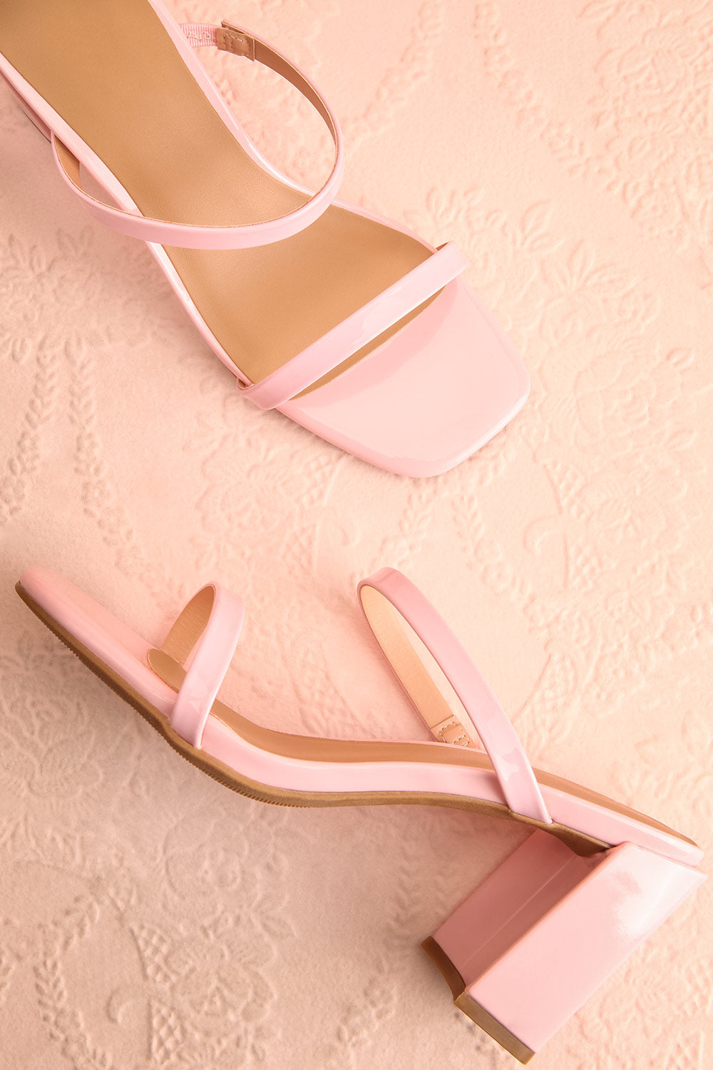 Corecta Glossy Pink Heeled Sandals | Boutique 1861 flat view