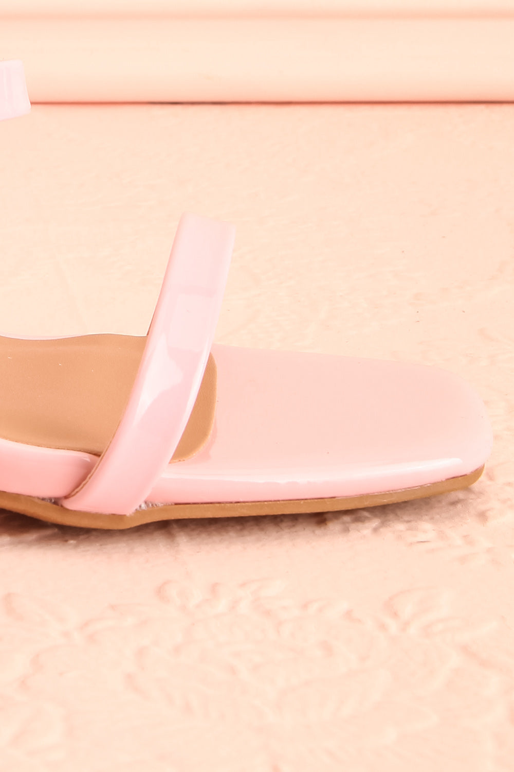 Corecta Glossy Pink Heeled Sandals | Boutique 1861 side front close-up