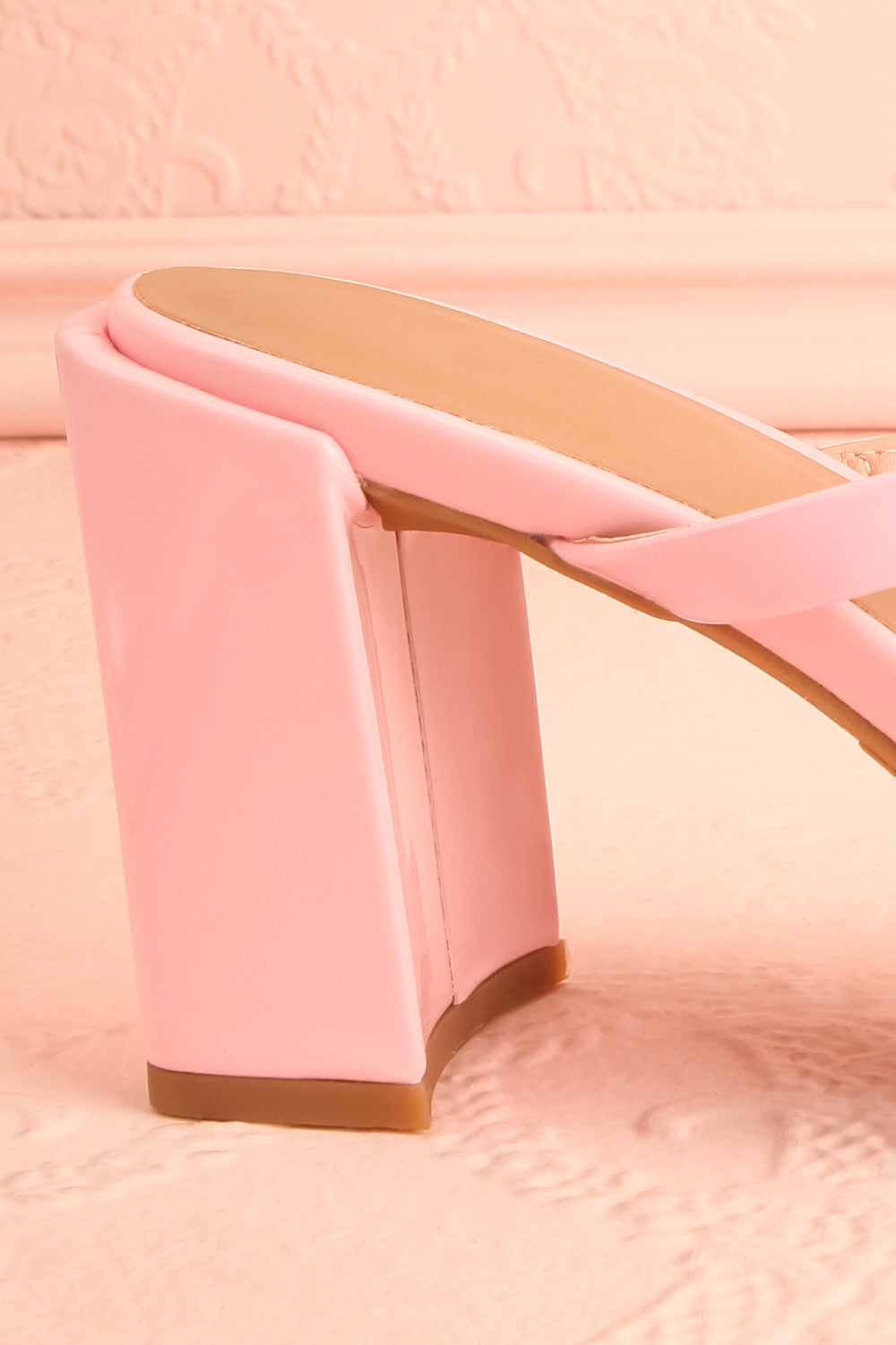 Corecta Glossy Pink Heeled Sandals | Boutique 1861 side back close-up