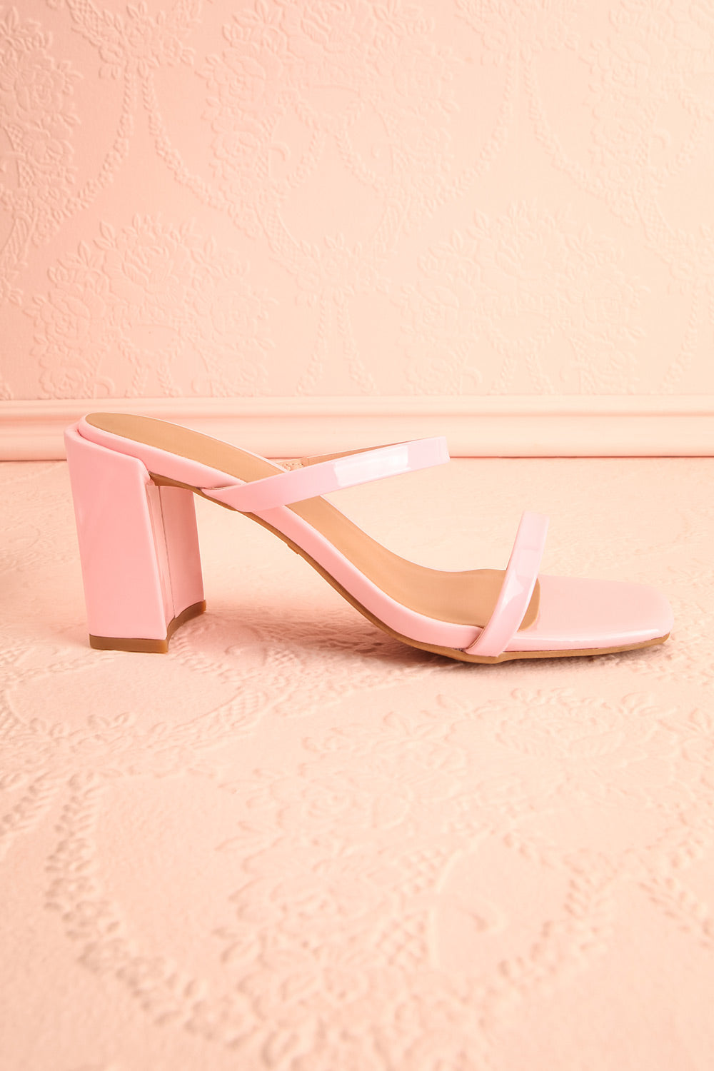 Corecta Glossy Pink Heeled Sandals | Boutique 1861 side view