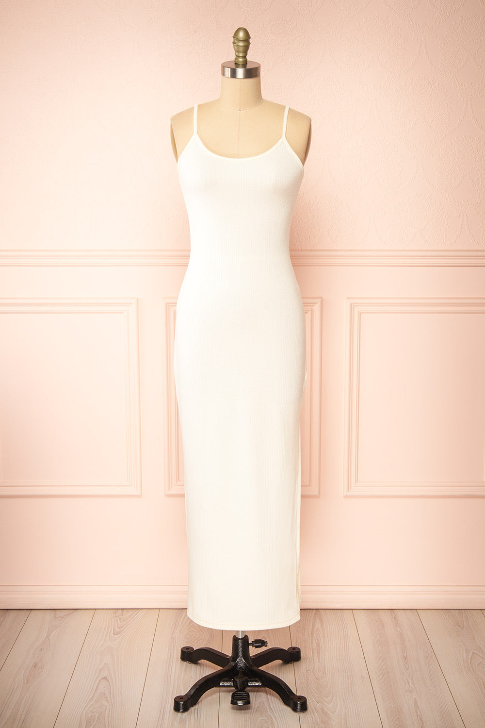 Corina Long Cream Fitted Sleeveless Knit Dress | Boutique 1861 front view