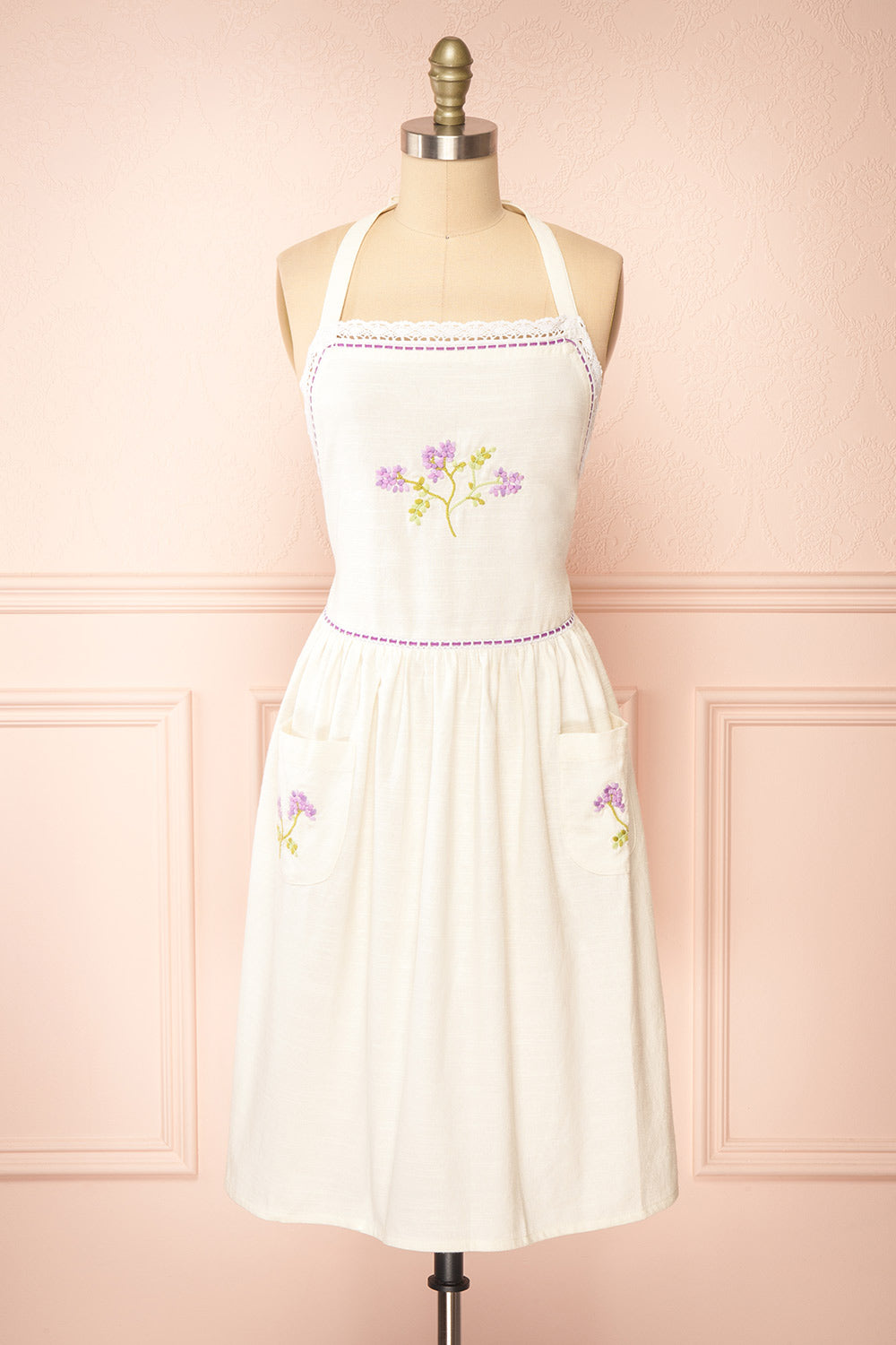 Cornwall White Apron with Embroidered Lavender | Boutique 1861 front view