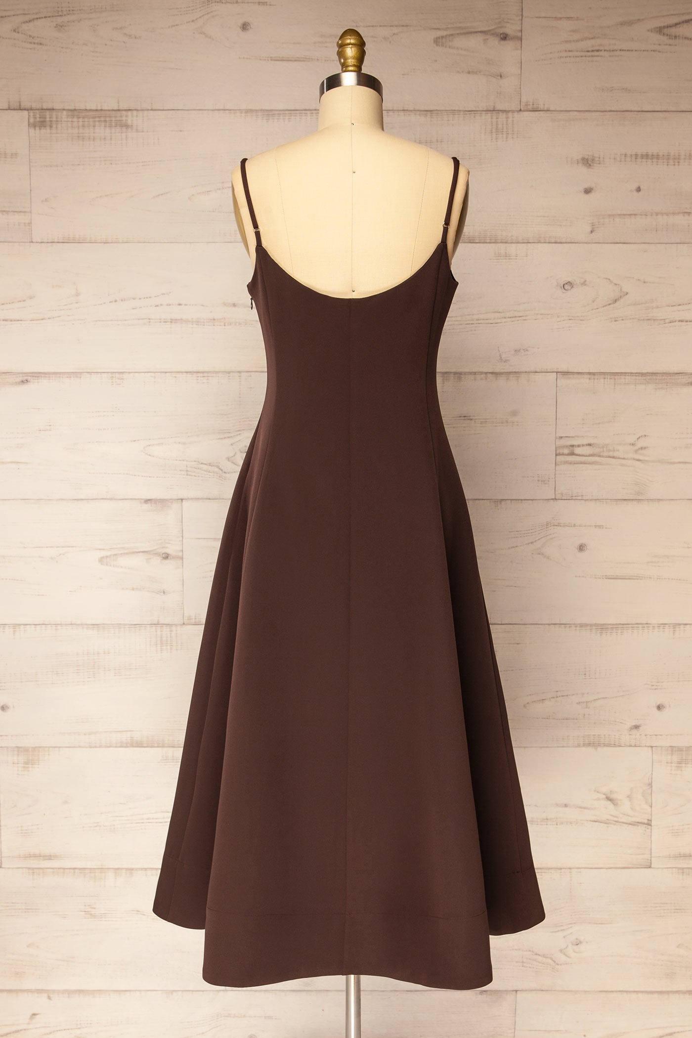 Back view Corowa Brown A-Line Midi Dress with Adjustable Straps at la petite garçonnne