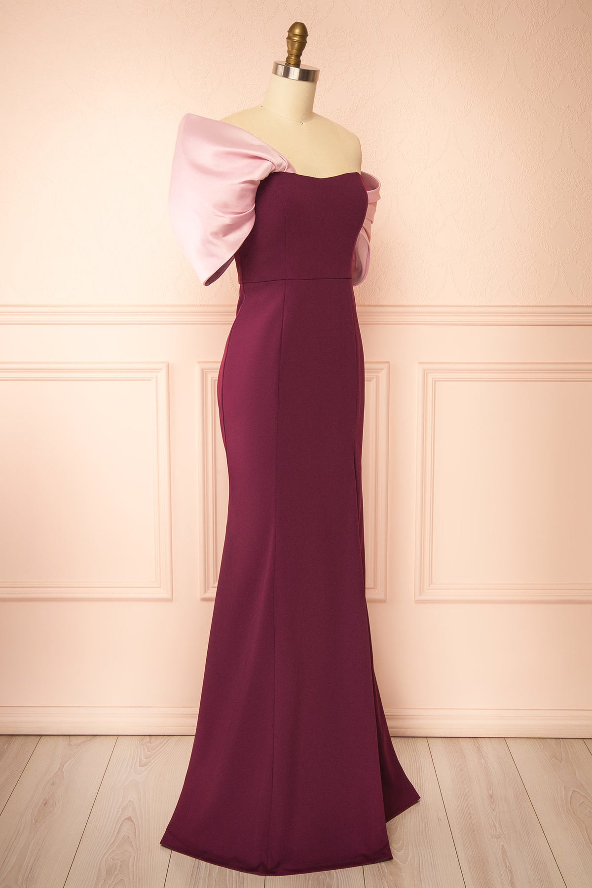 Side view of Corven Burgundy Maxi Dress with High Slit at Boutique 1861 