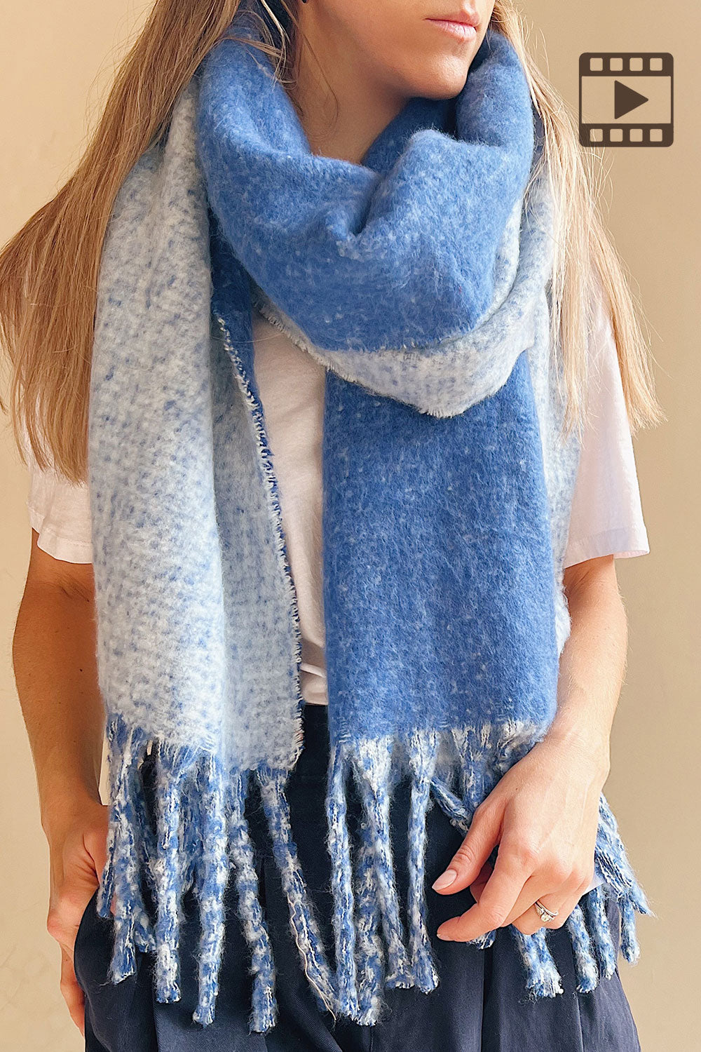 Woman wearing Qitap Blue Oversized Soft Knit Scarf from La petite garçonne front