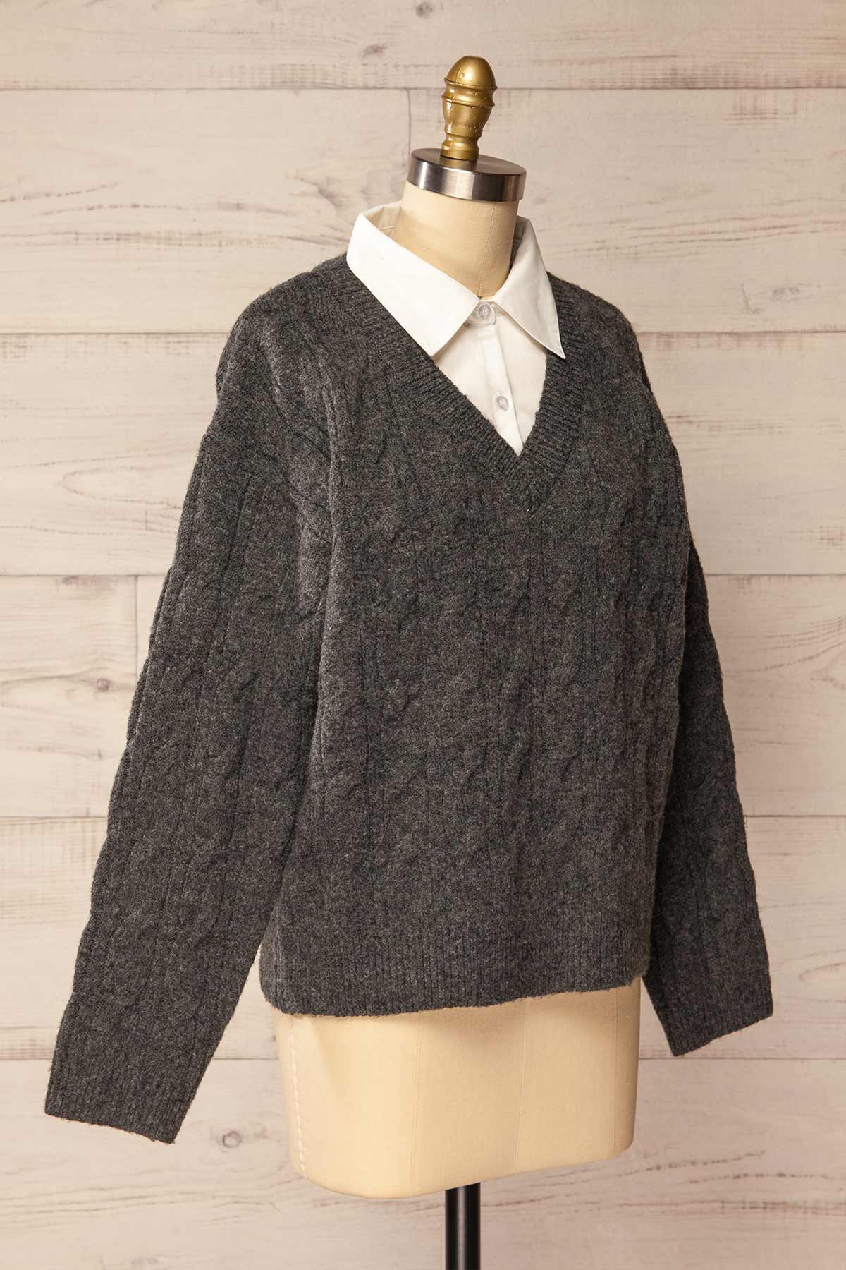 side view of Crato Dark Grey Knit Sweater with Built-In Collar at La petite garçonne