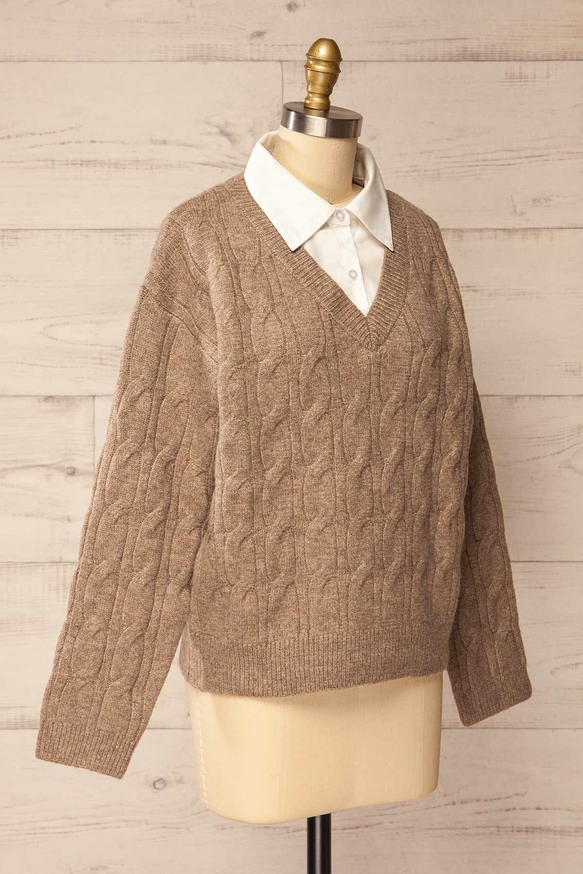 side view of Crato Taupe Knit Sweater with Built-In Collar at La petite garçonne
