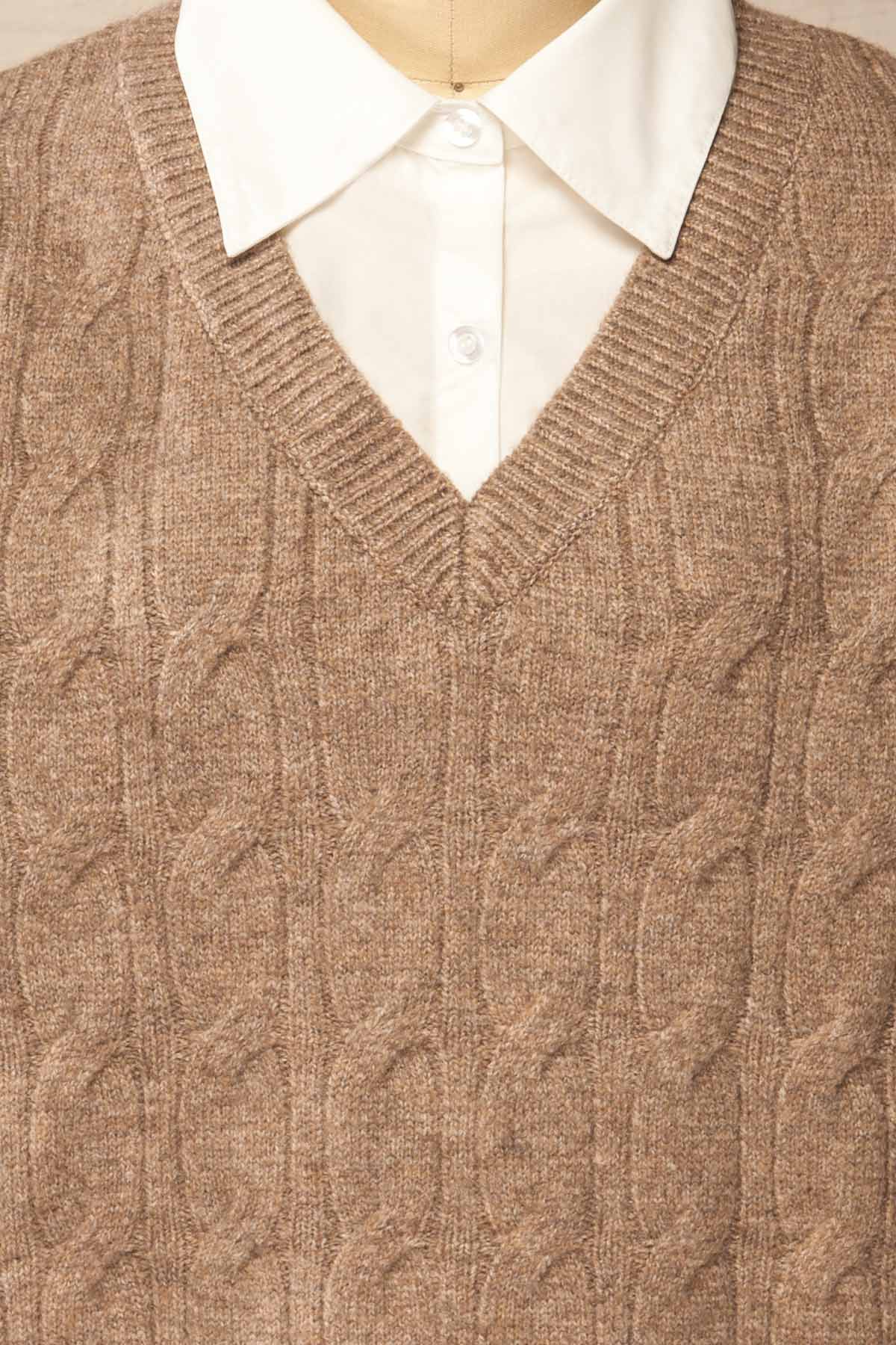 fabric view of Crato Taupe Knit Sweater with Built-In Collar at La petite garçonne